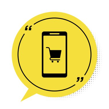 Siyah cep telefonu ve alışveriş arabası simgesi beyaz arka planda izole edilmiş. İnternetten satın alma sembolü. Süpermarket sepeti sembolü. Sarı konuşma balonu sembolü. Vektör İllüstrasyonu