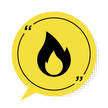 Siyah Ateş alev simgesi beyaz arkaplanda izole edildi. Isı sembolü. Sarı konuşma balonu sembolü. Vektör İllüstrasyonu