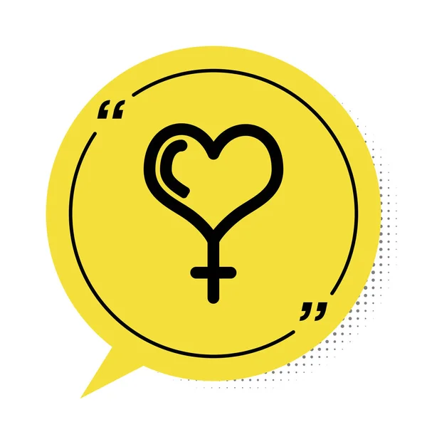 白の背景に黒の女性の性別記号とハートアイコンが隔離されています 金星のシンボル 女性の生物や女性のシンボル 黄色のスピーチバブルシンボル ベクターイラスト — ストックベクタ