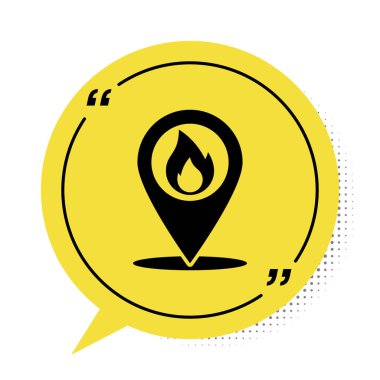 Beyaz zemin üzerinde ateş alev ikonu olan siyah harita işaretçisi. Yakında yangın var. Sarı konuşma balonu sembolü. Vektör İllüstrasyonu