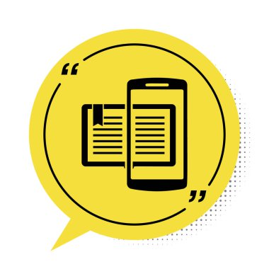 Beyaz arka planda siyah akıllı telefon ve kitap ikonu izole edildi. Çevrimiçi öğrenme ya da e-öğrenme kavramı. Sarı konuşma balonu sembolü. Vektör İllüstrasyonu