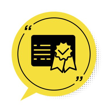 Beyaz arkaplanda siyah sertifika şablon simgesi izole edildi. Başarı, ödül, diploma, burs, diploma. İş başarısı sertifikası Sarı konuşma balonu sembolü. Vektör İllüstrasyonu