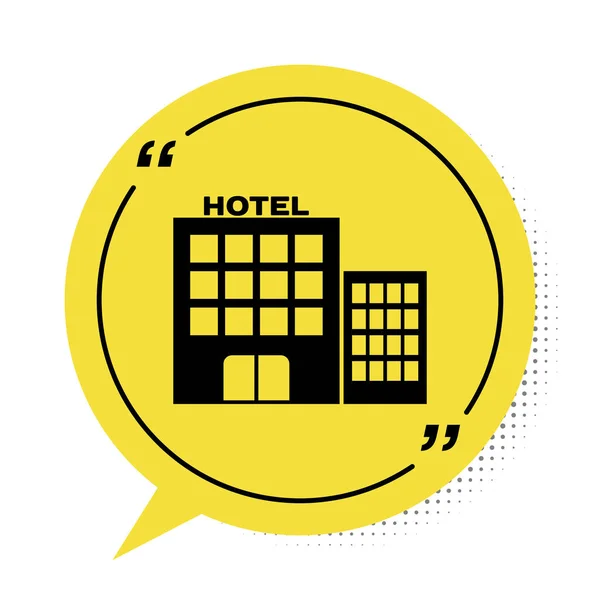 Black Hotel Building Icon Isolated White Background Yellow Speech Bubble — стоковий вектор