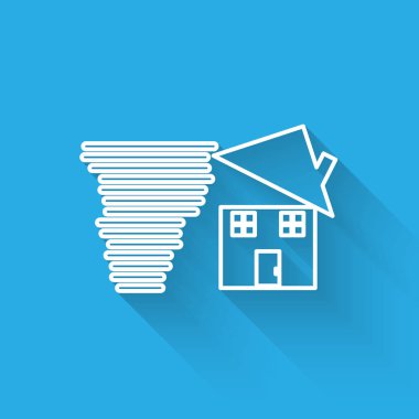 Beyaz çizgi Tornado girdabı uzun gölgeli ev çatı simgesine zarar veriyor. Kasırga, kasırga, fırtına bacası, kasırga rüzgar ikonu. Vektör İllüstrasyonu