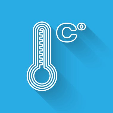 Beyaz çizgi Meteoroloji termometresi ısıyı ve soğuk ikonu uzun gölgede izole ediyor. Sıcaklık Celsius. Vektör İllüstrasyonu