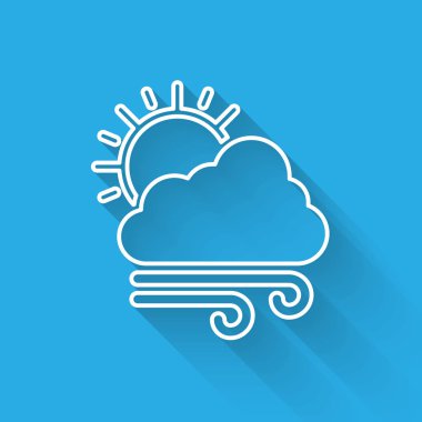 Beyaz çizgi Windy hava ikonu uzun gölgeli izole edildi. Güneşli ve rüzgarlı bir bulut. Vektör İllüstrasyonu