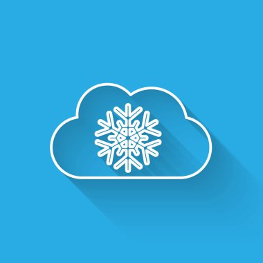 Kar ikonlu beyaz çizgi bulutu uzun gölgeli izole edilmiş. Kar taneli bulut. Tek hava ikonu. Kar tabelası. Vektör İllüstrasyonu