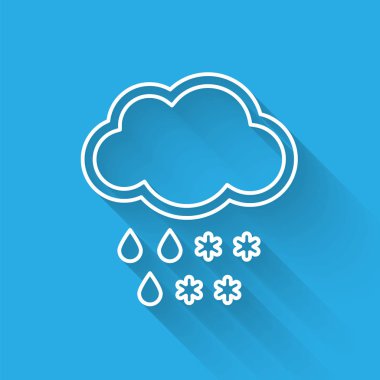 Kar ve yağmur ikonu ile beyaz çizgi Bulut uzun gölgeli izole. Hava durumu simgesi. Vektör İllüstrasyonu