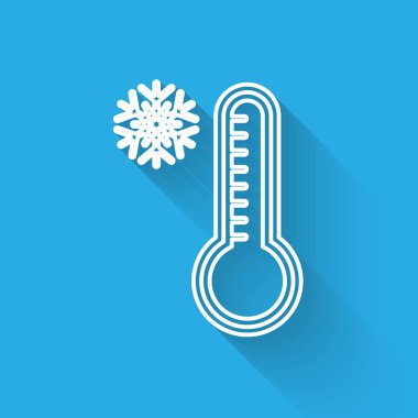 Beyaz çizgi Meteoroloji termometresi ısıyı ve soğuk ikonu uzun gölgede izole ediyor. Termometre termometresi sıcak ya da soğuk hava gösteriyor. Vektör İllüstrasyonu