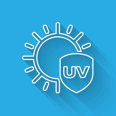 Uzun gölgeli beyaz çizgi UV koruma simgesi. Güneş ve kalkan. Ultra menekşe ışınları radyasyon. Güneş ışığı işareti. Vektör İllüstrasyonu