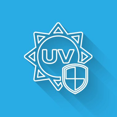 Uzun gölgeli beyaz çizgi UV koruma simgesi. Güneş ve kalkan. Ultra menekşe ışınları radyasyon. Güneş ışığı işareti. Vektör İllüstrasyonu