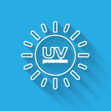 Uzun gölgeli beyaz çizgi UV koruma simgesi. Ultra menekşe ışınları radyasyon. Güneş ışığı işareti. Vektör İllüstrasyonu