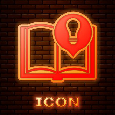 Parlayan Neon Ilginç gerçekler simgesi tuğla duvar arka plan üzerinde izole. Kitap veya makale ve ampul. Vektör Illustration