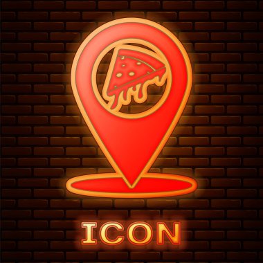 Tuğla duvar arka planda izole fast food dilim pizza simgesi ile Parlayan neon Harita işaretçisi. Pizzayeri konum simgesi. Pizza kafe ve restoran kalemi. Vektör İllüstrasyonu