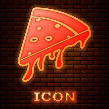 Tuğla duvar arka planda izole pizza simgesi parlayan neon Dilim. Vektör İllüstrasyonu