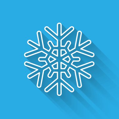 Beyaz çizgi Kar Tanesi simgesi uzun gölgeli izole edilmiş. Vektör İllüstrasyonu