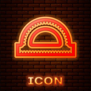 Tuğla duvar arka planda izole derece simgesi ölçmek için parlayan Neon Protractor ızgara. Tilt açı ölçer. Ölçüm aleti. Geometrik sembol. Vektör Illustration