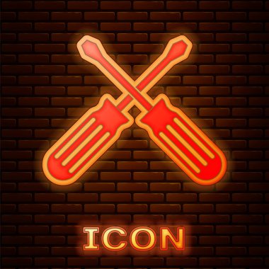 Parlayan Neon tuğla duvar arka planda izole Tornavidalar simgesi çapraz. Servis aracı sembolü. Vektör Illustration
