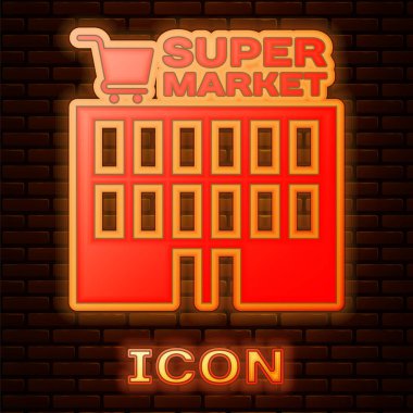Tuğla duvar arka planda izole alışveriş sepeti simgesi ile parlayan Neon süpermarket binası. Alışveriş yapın ya da saklayın. Alışveriş Merkezi Binası. Vektör Illustration