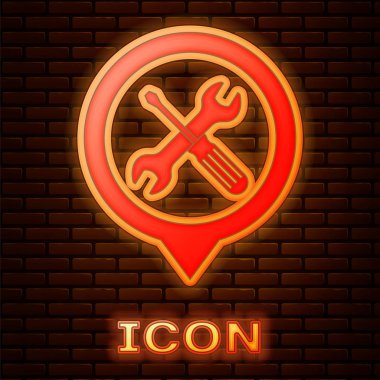 Parlayan Neon tuğla duvar arka planda izole çapraz tornavida ve anahtar araçları simgesi ile yer. İşaretçi ayarları sembolü. Vektör Illustration