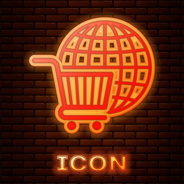 Tuğla duvar arka planda izole küre simgesi ile Parlayan neon Alışveriş sepeti. Online satın alma konsepti. Küresel pazar konsepti. Süpermarket sepeti sembolü. Vektör İllüstrasyonu