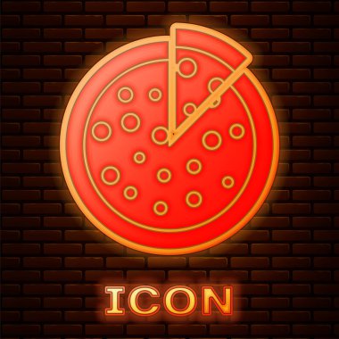 Parlayan neon Pizza simgesi tuğla duvar arka plan izole. Vektör İllüstrasyonu