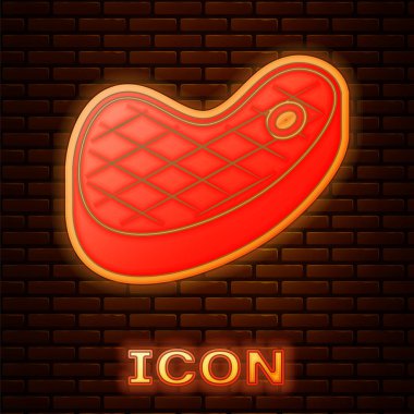 Parlayan neon Steak et simgesi tuğla duvar arka plan izole. Vektör İllüstrasyonu