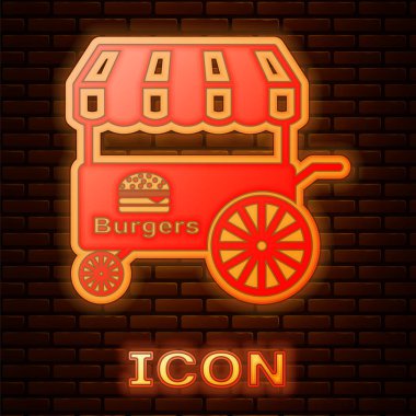 Tuğla duvar arka plan izole tente simgesi ile Parlayan neon Fast street gıda sepeti. Burger veya hamburger simgesi. Şehir köşkü. Vektör İllüstrasyonu