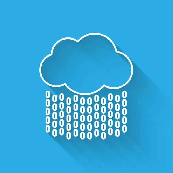 White line Cloud with rain icon isolated with long shadow. Rain cloud precipitation with rain drops.  Vector Illustration