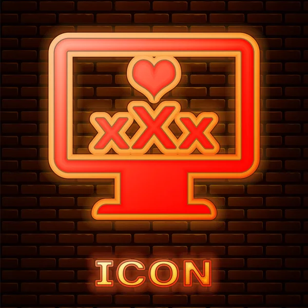 Glowing Neon Computer Monitor Content Heart Icon Isolated Brick Wall — Stock Vector