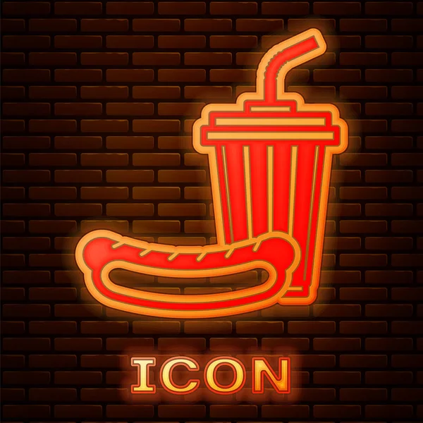 Gloeiende Neon Soda Hotdog Icoon Geïsoleerd Bakstenen Muur Achtergrond Fast — Stockvector