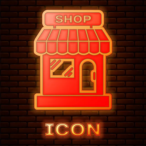 Glowing Neon Shopping Building Market Store Icon Isolated Brick Wall — Stock Vector