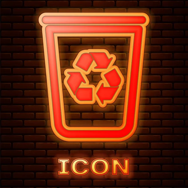 Leuchtende Neon Papierkorb Mit Recycling Symbol Isoliert Auf Backsteinwand Hintergrund — Stockvektor