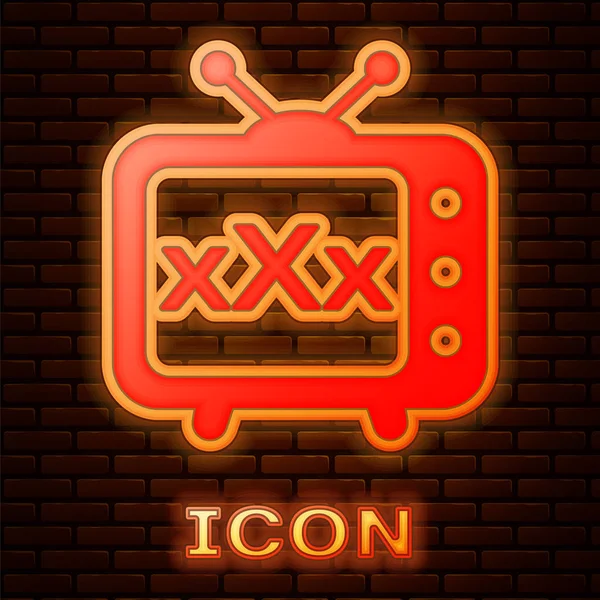 Brillante Neón Xxx Viejo Icono Televisión Aislado Fondo Pared Ladrillo — Vector de stock