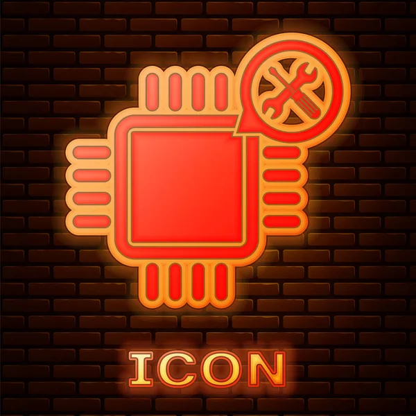 Glowing Neon Processor Screwdriver Wrench Icon Isolated Brick Wall Background — Stock Vector