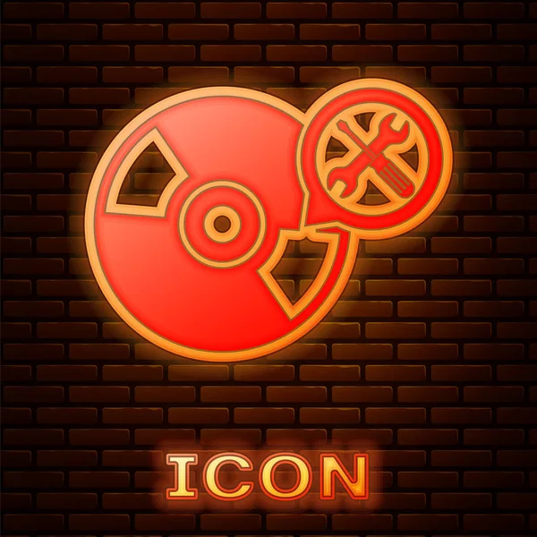 Brillante Disco Dvd Neón Con Destornillador Icono Llave Inglesa Aislado — Vector de stock