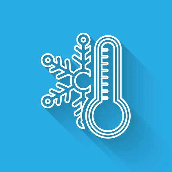 Witte Lijn Thermometer Met Sneeuwvlok Pictogram Geïsoleerd Met Lange Schaduw — Stockvector