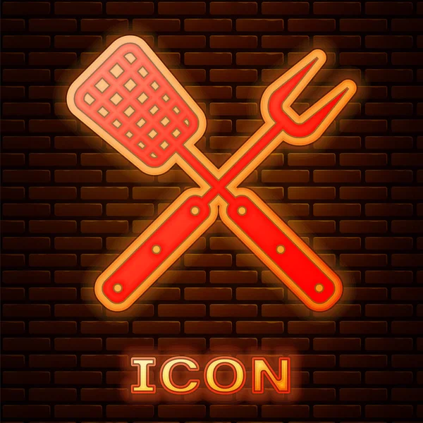 Glowing Neon Crossed Fork Spatula Icon Isolated Brick Wall Background — Stock Vector