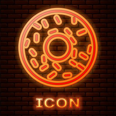 Tuğla duvar arka planda izole tatlı sır simgesi ile parlayan Neon donut. Vektör Illustration