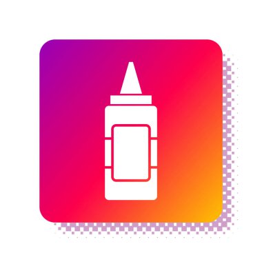 Beyaz arka planda beyaz hardal şişesi simgesi var. Kare renk düğmesi. Vektör İllüstrasyonu