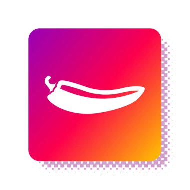 Beyaz arka planda beyaz kırmızı biber ikonu izole edildi. Market, mutfak ürünleri, baharat ve baharat paketi, yemek kitabı için tasarım. Kare renk düğmesi. Vektör İllüstrasyonu