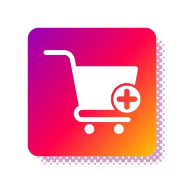 Beyaz arkaplanda izole edilmiş alışveriş arabası simgesine beyaz ekleme. İnternetten satın alma konsepti. Servis tabelası. Süpermarket sepeti sembolü. Kare renk düğmesi. Vektör İllüstrasyonu