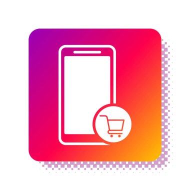 Beyaz cep telefonu ve alışveriş arabası simgesi beyaz arka planda izole edilmiş. İnternetten satın alma sembolü. Süpermarket sepeti sembolü. Kare renk düğmesi. Vektör İllüstrasyonu