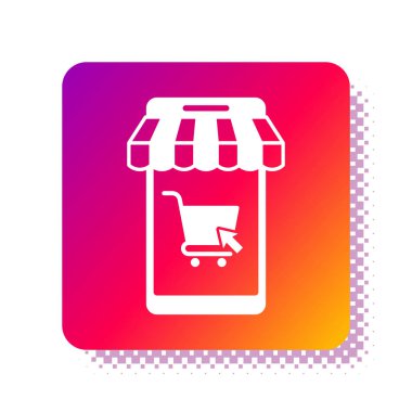 Beyaz cep telefonu ve beyaz arka planda çizgili tente ikonu olan alışveriş arabası. İnternetten satın alma sembolü. Süpermarket sepeti sembolü. Kare renk düğmesi. Vektör İllüstrasyonu