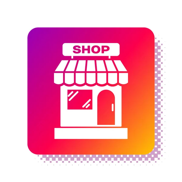 Edifício de compras branco ou ícone de loja de mercado isolado no fundo branco. Construção de loja. Botão cor quadrada. Ilustração vetorial — Vetor de Stock