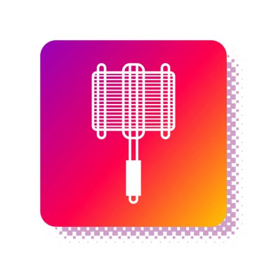 Beyaz zemin üzerinde beyaz ızgara çelik ızgara ikonu izole. Bbq Grill 'in üst manzarası. BBQ için tel askı. Izgara sepeti. Kare renk düğmesi. Vektör İllüstrasyonu