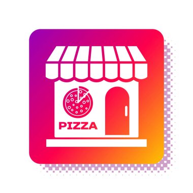 Beyaz Pizzacı ön cephe simgesi beyaz arka planda izole edildi. Fast food pizzacı büfesi. Kare renk düğmesi. Vektör İllüstrasyonu