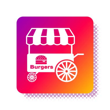 Beyaz arka planda tente simgesi olan beyaz Fast sokak yemek arabası. Hamburger ya da hamburger ikonu. Şehir büfesi. Kare renk düğmesi. Vektör İllüstrasyonu