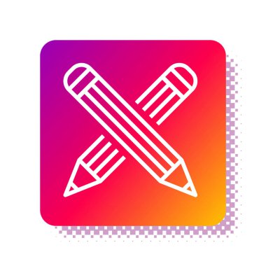 Beyaz arka planda izole edilmiş beyaz çapraz kalem simgesi. Eğitim işareti. Çizim ve eğitim araçları. Okul sembolü. Kare renk düğmesi. Vektör İllüstrasyonu