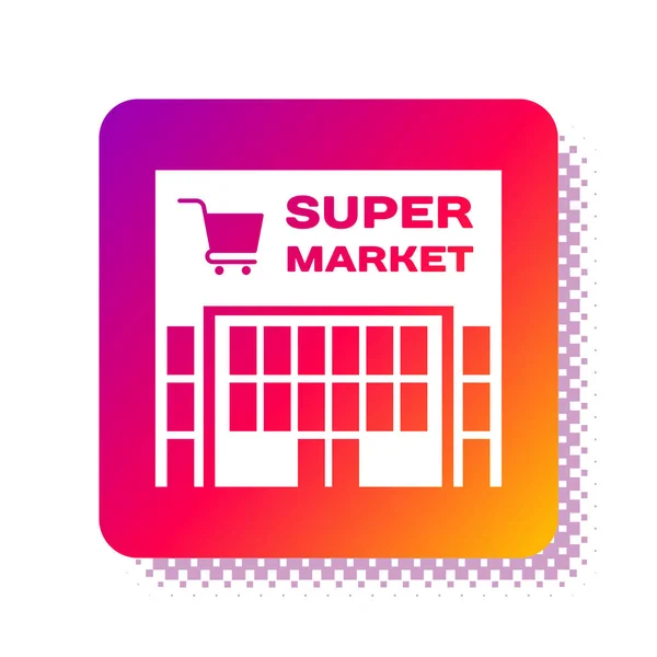 흰색 배경에 쇼핑 카트 아이콘 이 있는 흰색 슈퍼마켓 건물입니다. 쇼핑을 하거나 쇼핑을 한다. 쇼핑몰 건물. 네모난 색깔 버튼. 벡터 일러스트 — 스톡 벡터